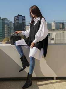 DAZY Split High Low Hem Sweater Vest Without Blouse - Black - View 6