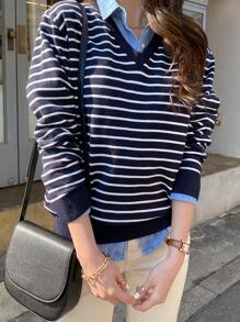 DAZY 條紋圖案落肩袖套頭毛衣不帶襯衫 - 藏蓝色 - 查看 5