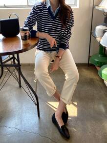 DAZY 條紋圖案落肩袖套頭毛衣不帶襯衫 - 藏蓝色 - 查看 8