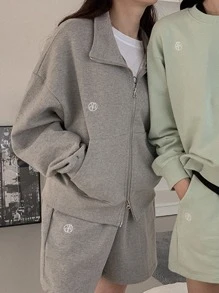 DAZY 1入組字母刺繡拉鏈開襟落肩袖運動衫 - 灰色 - 查看 3