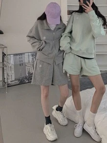 DAZY 1入組字母刺繡拉鏈開襟落肩袖運動衫 - 灰色 - 查看 4