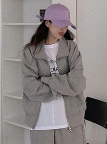 DAZY 1入組字母刺繡拉鏈開襟落肩袖運動衫 - 灰色 - 查看 6