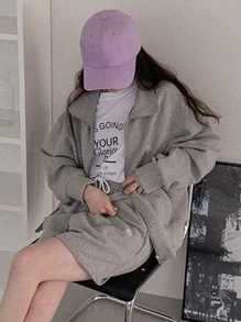 DAZY 1入組字母刺繡拉鏈開襟落肩袖運動衫 - 灰色 - 查看 7