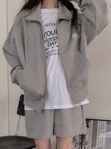 DAZY 1入組字母刺繡拉鏈開襟落肩袖運動衫 - 灰色 - 查看 8