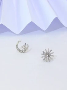 Rhinestone Moon Mismatched Stud Earrings - Silver - View 1