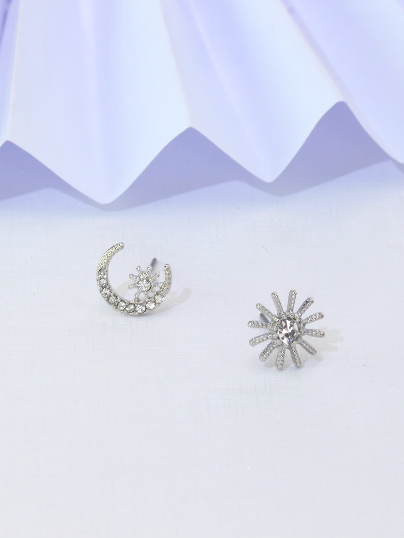 Rhinestone Moon Mismatched Stud Earrings - Silver - View 1