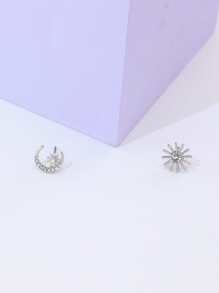 Rhinestone Moon Mismatched Stud Earrings - Silver - View 2