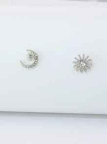 Rhinestone Moon Mismatched Stud Earrings - Silver - View 3
