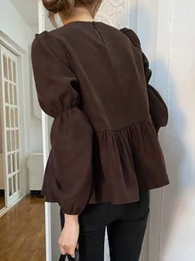 DAZY 纯色泡泡袖荷叶边衬衫、长袖上衣、秋装 - 咖啡棕 - 查看 2