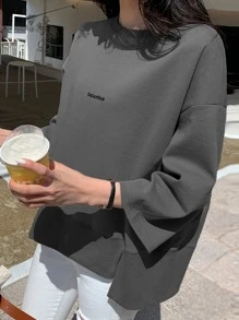 DAZY Letter Embroidery Split Hem Drop Shoulder Sweatshirt,Fall Clothes - Grey - View 1