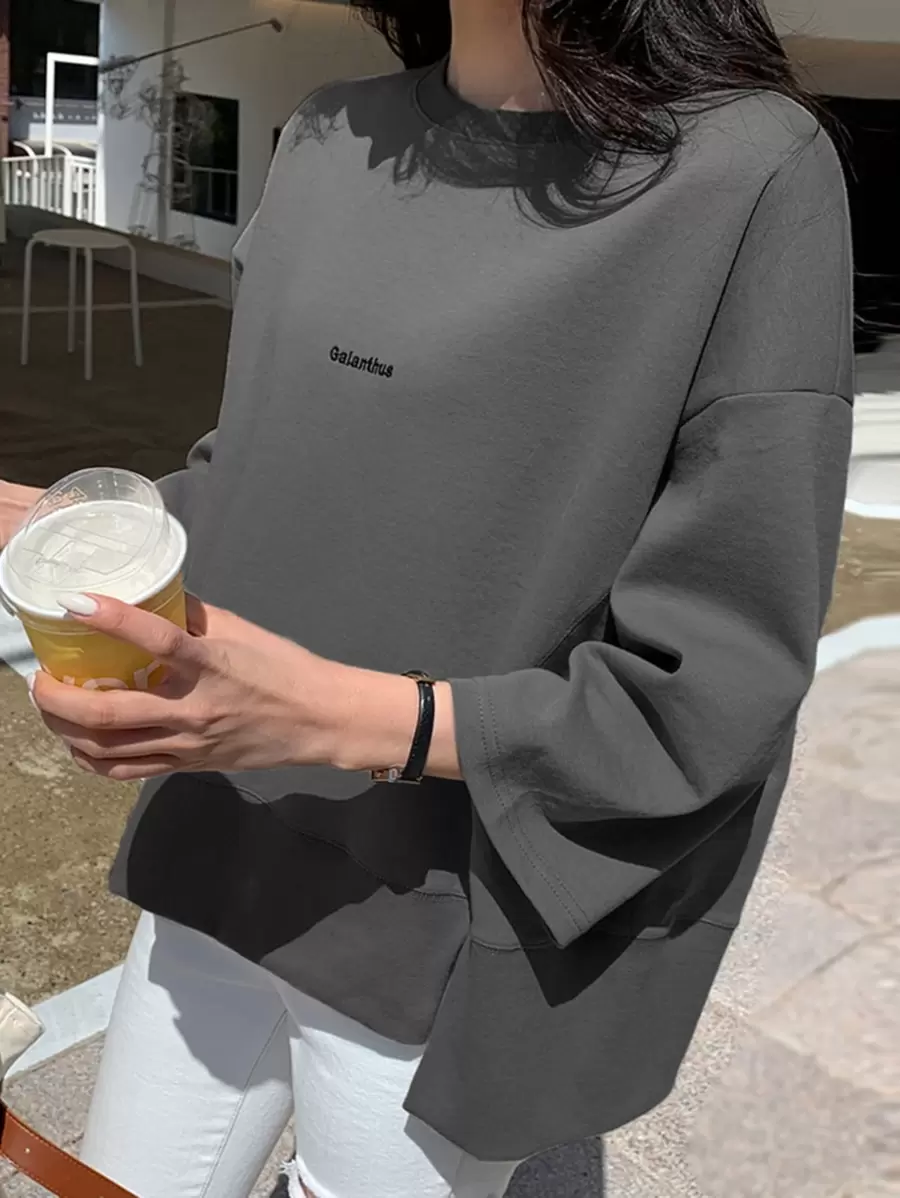 DAZY Letter Embroidery Split Hem Drop Shoulder Sweatshirt,Fall Clothes - Grey - View 1