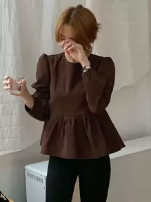 DAZY 纯色泡泡袖荷叶边衬衫、长袖上衣、秋装 - 咖啡棕 - 查看 4