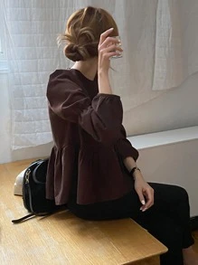 DAZY 纯色泡泡袖荷叶边衬衫、长袖上衣、秋装 - 咖啡棕 - 查看 6