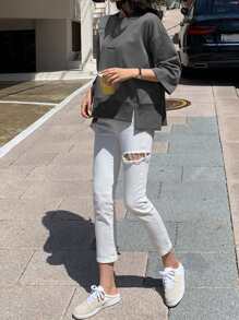 DAZY Letter Embroidery Split Hem Drop Shoulder Sweatshirt,Fall Clothes - Grey - View 4