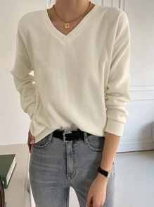 DAZY Sudadera unicolor de cuello V de hombros caídos - Beis - Ver 3