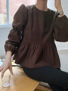 DAZY 纯色泡泡袖荷叶边衬衫、长袖上衣、秋装 - 咖啡棕 - 查看 7