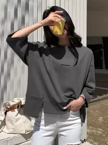 DAZY Letter Embroidery Split Hem Drop Shoulder Sweatshirt,Fall Clothes - Grey - View 6