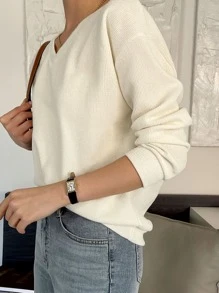 DAZY Sudadera unicolor de cuello V de hombros caídos - Beis - Ver 5