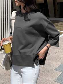 DAZY Letter Embroidery Split Hem Drop Shoulder Sweatshirt,Fall Clothes - Grey - View 7