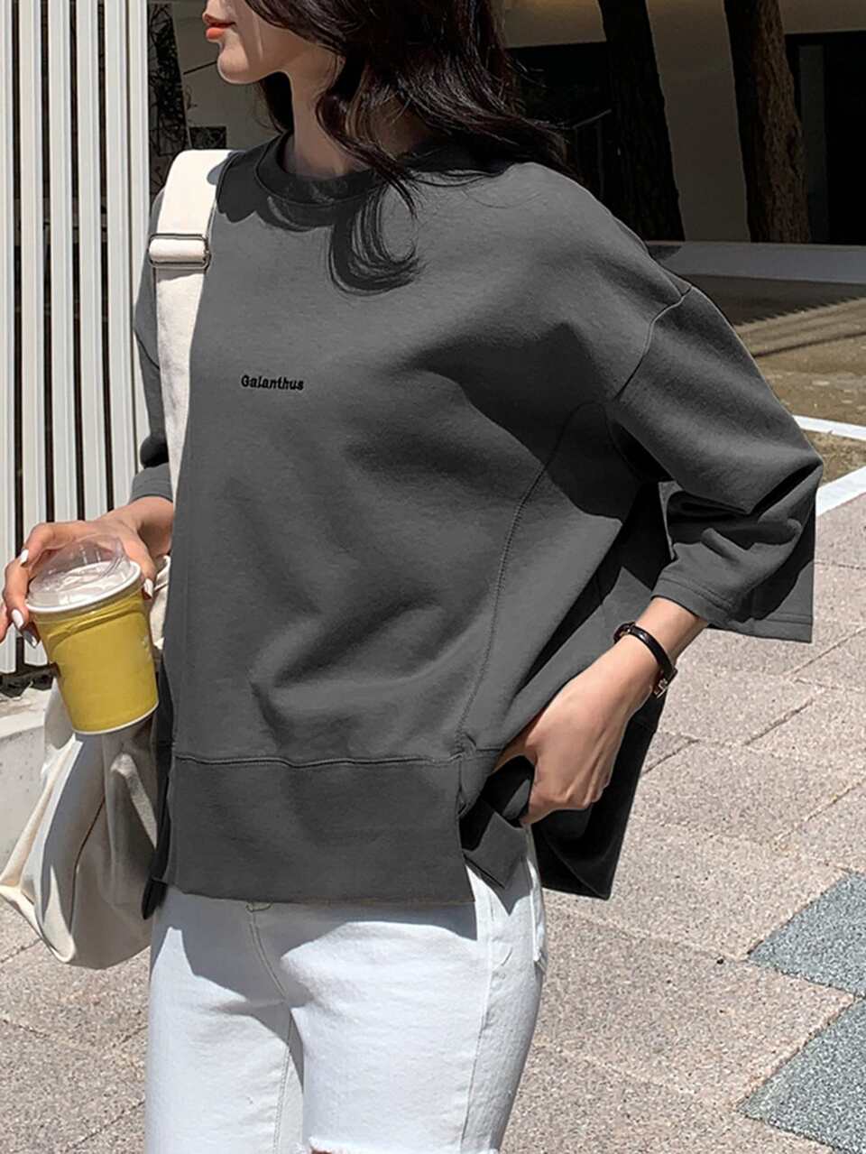 Letter Embroidery Split Hem Drop Shoulder Sweatshirt,Fall Clothes
