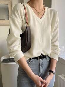 DAZY Sudadera unicolor de cuello V de hombros caídos - Beis - Ver 6