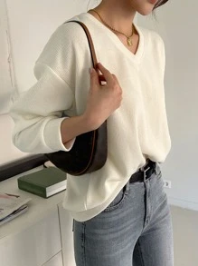 DAZY Sudadera unicolor de cuello V de hombros caídos - Beis - Ver 7