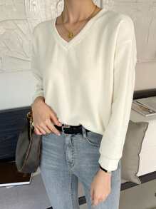 DAZY Sudadera unicolor de cuello V de hombros caídos - Beis - Ver 8