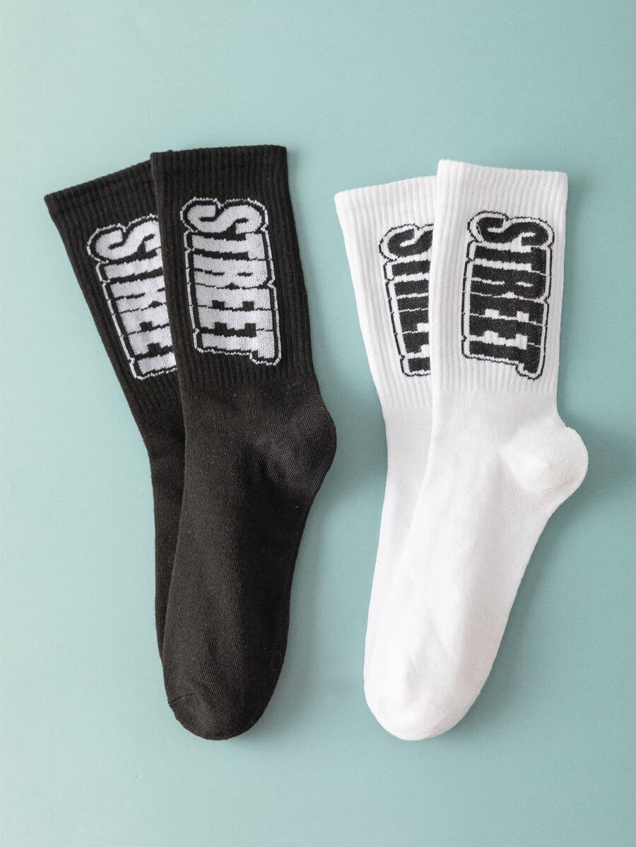 2pairs Men Letter Graphic Crew Socks - Black and White - View 1
