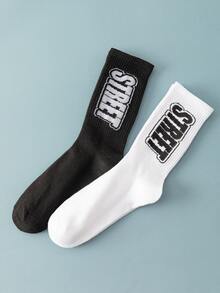 2pairs Men Letter Graphic Crew Socks - Black and White - View 4