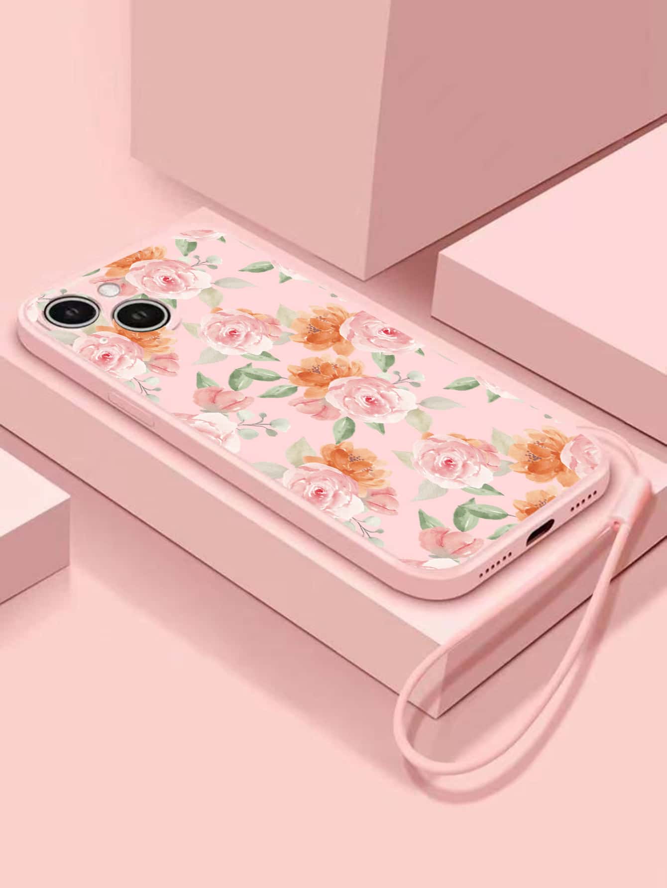 Funda de teléfono con borde recto y patrón de rosa vintage con cordón - Multicolor - Ver 1