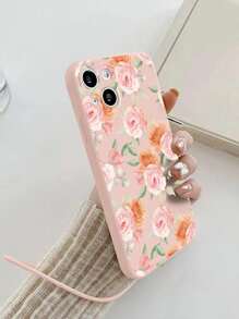 Funda de teléfono con borde recto y patrón de rosa vintage con cordón - Multicolor - Ver 5
