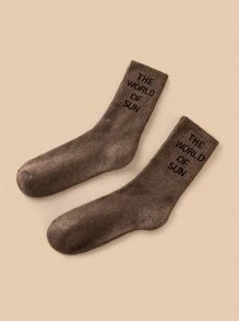 Men Slogan Graphic Crew Socks - Brown - View 1