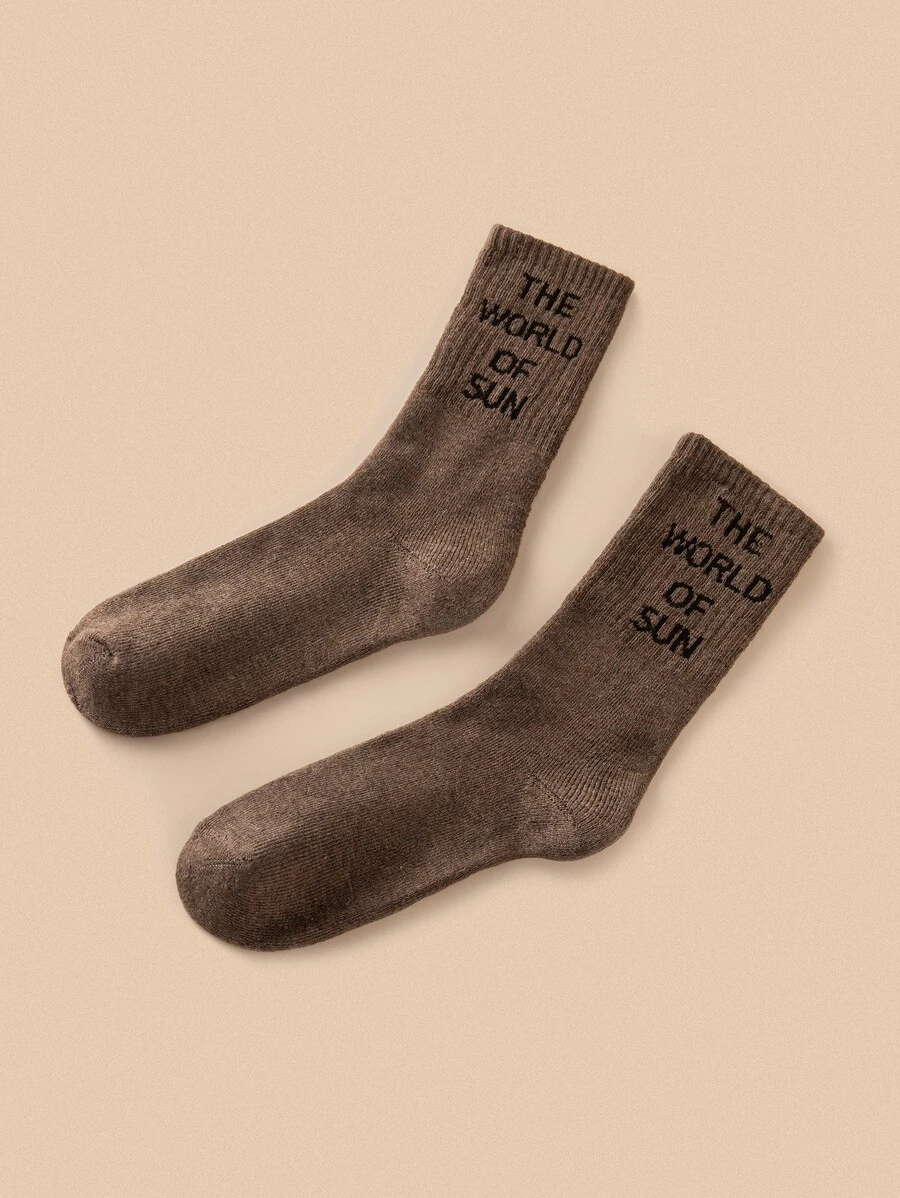 Men Slogan Graphic Crew Socks - Brown - View 1