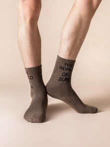 Men Slogan Graphic Crew Socks - Brown - View 2
