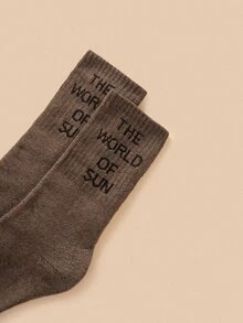 Men Slogan Graphic Crew Socks - Brown - View 3