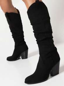 Faux Suede Chunky Heeled Slouchy Boots - Black - View 1