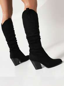 Faux Suede Chunky Heeled Slouchy Boots - Black - View 2