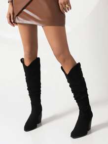 Faux Suede Chunky Heeled Slouchy Boots - Black - View 3