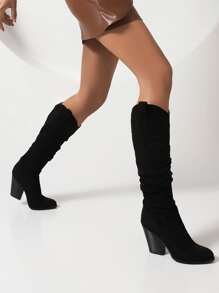 Faux Suede Chunky Heeled Slouchy Boots - Black - View 4