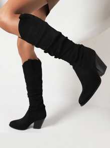 Faux Suede Chunky Heeled Slouchy Boots - Black - View 5