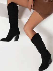 Faux Suede Chunky Heeled Slouchy Boots - Black - View 6