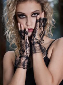 ROMWE Goth Floral Lace Fingerless Gloves - Black - View 2