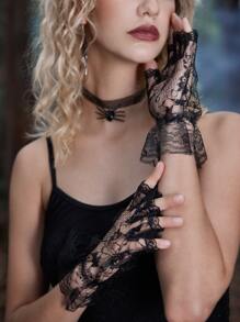 ROMWE Goth Floral Lace Fingerless Gloves - Black - View 4