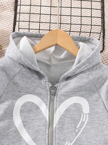 少女心形印花拉链卫衣 - 淺灰色 - 查看 3