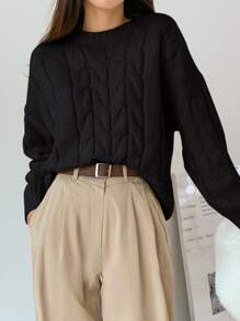 DAZY Suéter de punto de cable sólido con hombros caídos, tops de manga larga, ropa de otoño - Negro - Ver 4