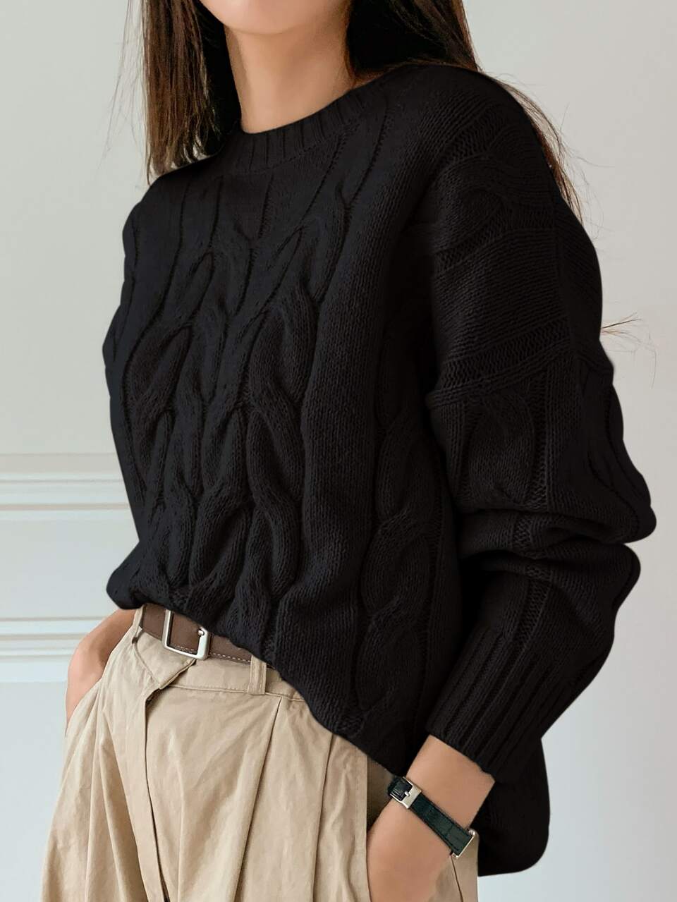 Solid Cable Knit Drop Shoulder Sweater,Long Sleeve Tops,Fall Clothes
