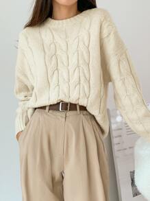 DAZY 纯色粗针织落肩毛衣、长袖上衣、秋装 - 米色 - 查看 4