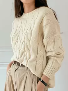 DAZY 纯色粗针织落肩毛衣、长袖上衣、秋装 - 米色 - 查看 5