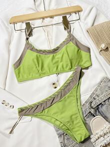 Conjunto de bikini de dos tonos para playa de verano - Verde Lima - Ver 3