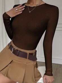Muchica Áo len nữ cổ tròn tay dài ôm vừa vặn màu trơn, thời trang thu đông - Cà phê nâu - Xem 1